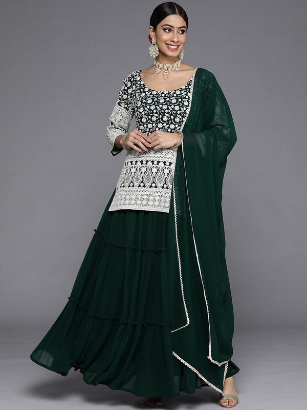 Green Embroidered Georgette Straight Kurta With Skirt & Dupatta