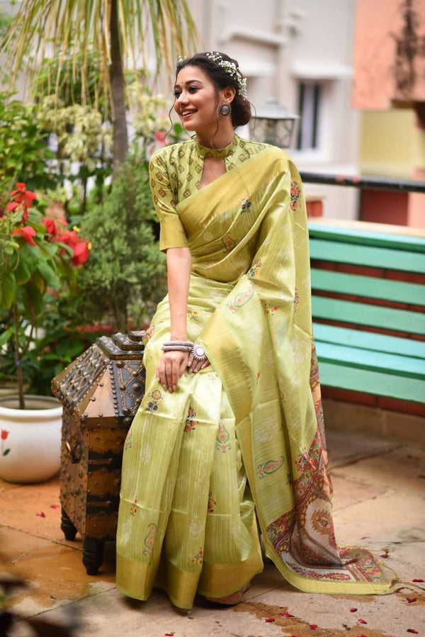 Green Floral Tusser Silk Saree - Indiakreations