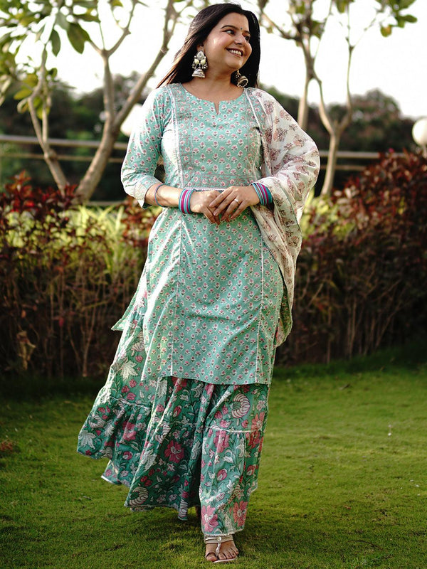 Green Printed Cotton Straight Kurta With Skirt & Dupatta