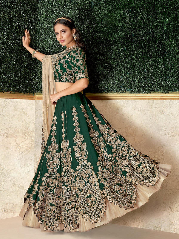 Women's Green Satin Silk Designer Lehenga Choli - Odette