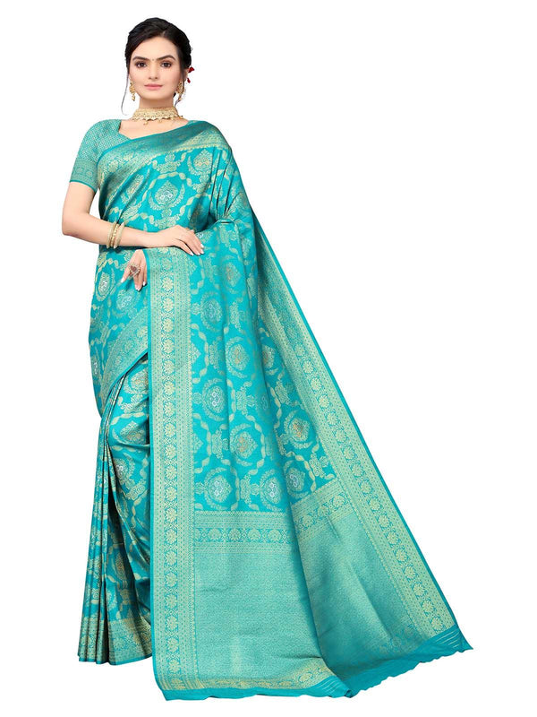 Women's Green Silk Blend Woven Saree With Blouse - Odette