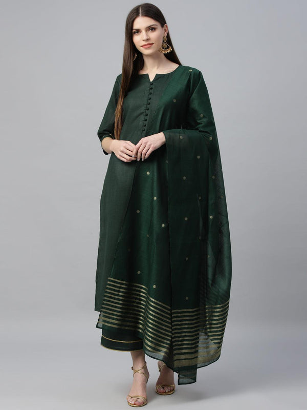 Green Solid Cotton Straight Kurta With Palazzos & Dupatta