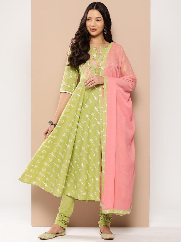 Green Yoke Design Cotton Anarkali Kurta With Churidar & Dupatta