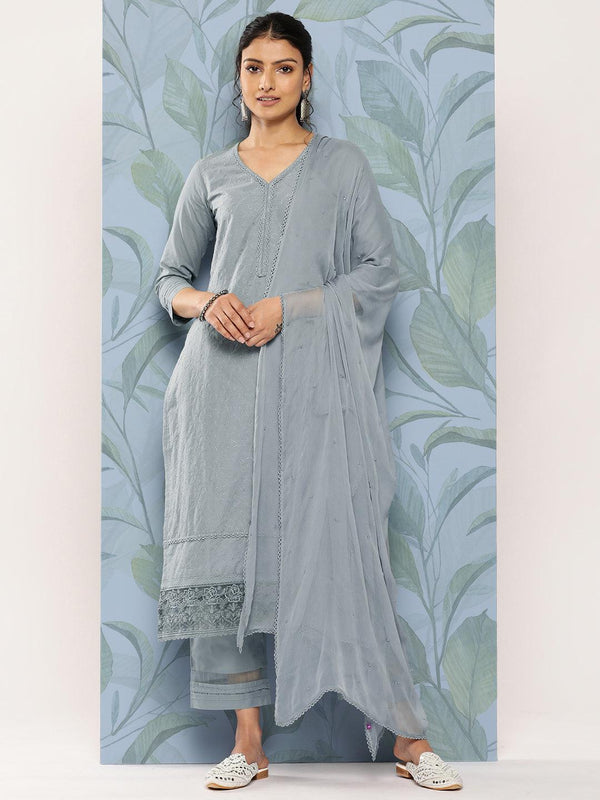 Grey Embroidered Cotton Straight Kurta With Trousers & Dupatta