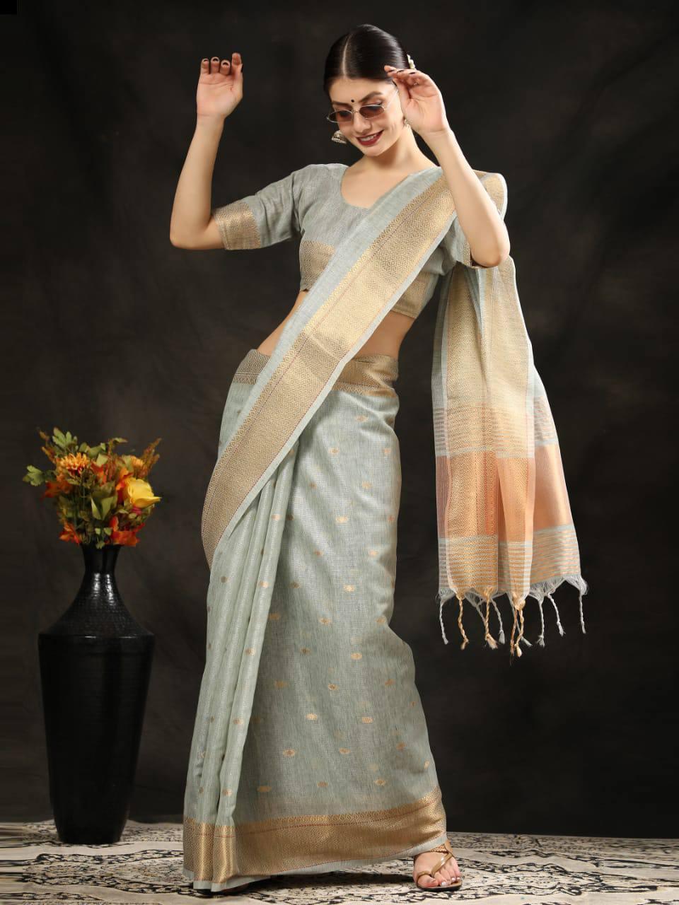 Grey Maheshwari Silk Saree - Indiakreations