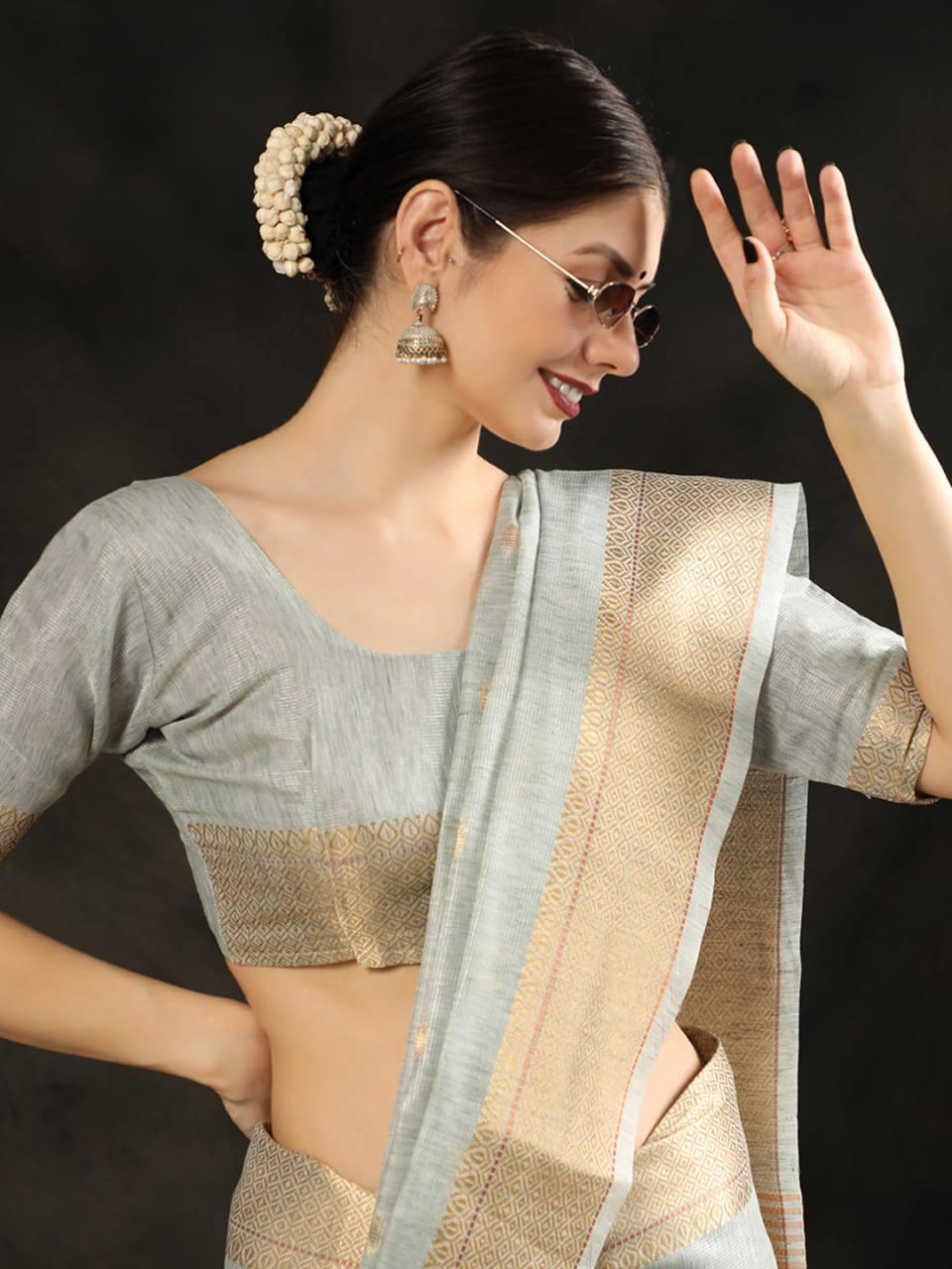 Grey Maheshwari Silk Saree - Indiakreations