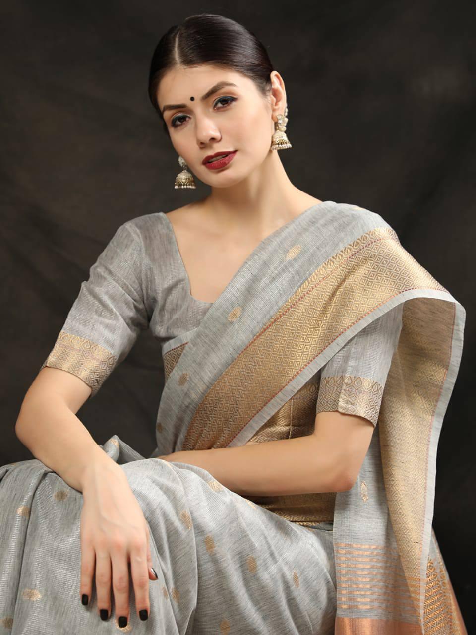 Grey Maheshwari Silk Saree - Indiakreations