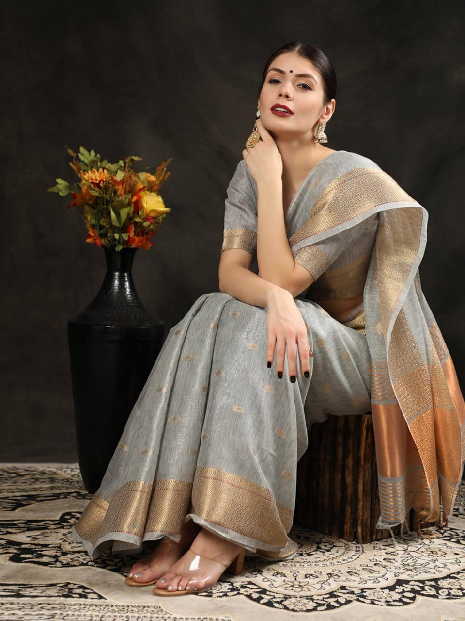 Grey Maheshwari Silk Saree - Indiakreations