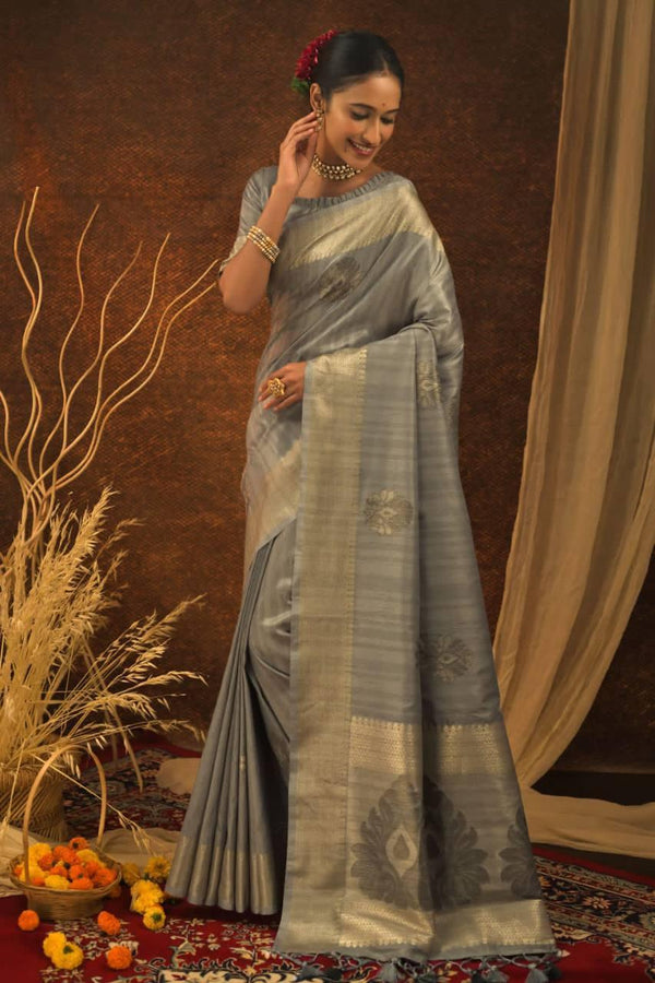 Grey Mulberry Silk Saree - Indiakreations