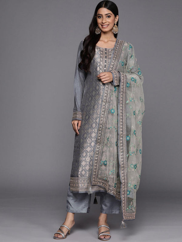 Grey Self Design Silk Blend Straight Kurta With Dupatta