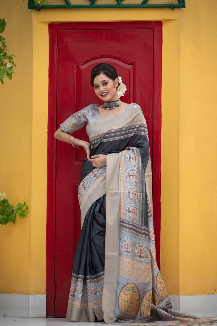 Grey Tussar Print Soft Saree - Indiakreations