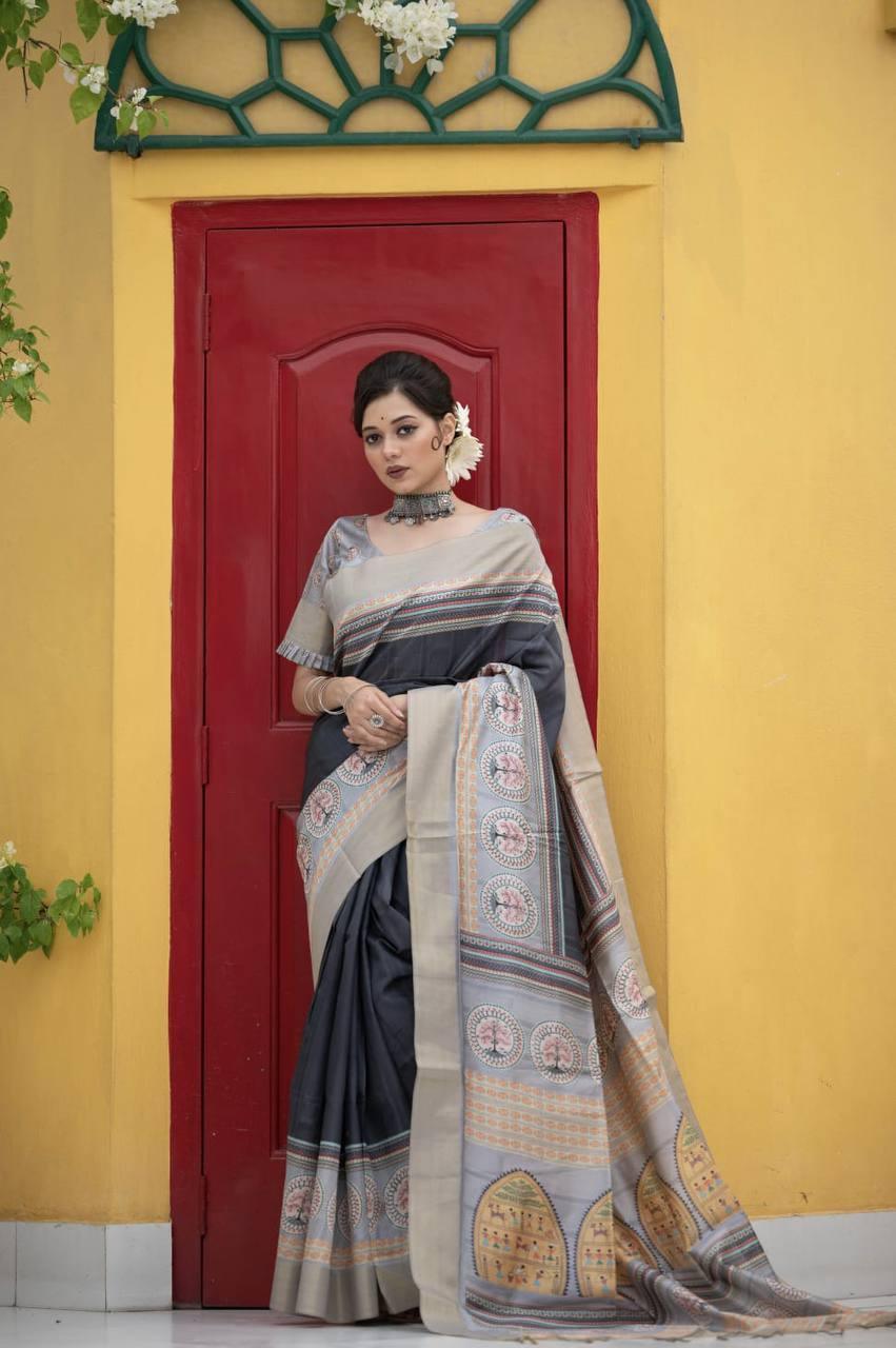 Grey Tussar Print Soft Saree - Indiakreations