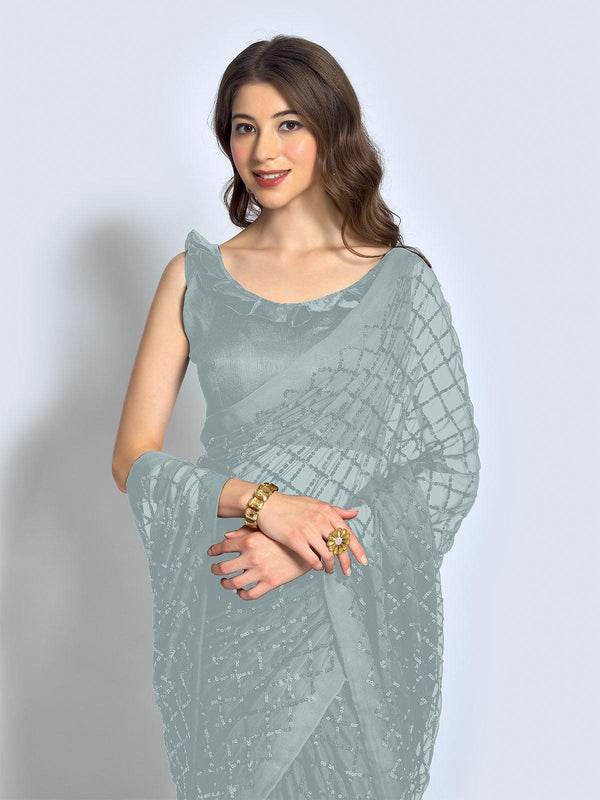 Women's Grey Designer Sequince Saree - Odette