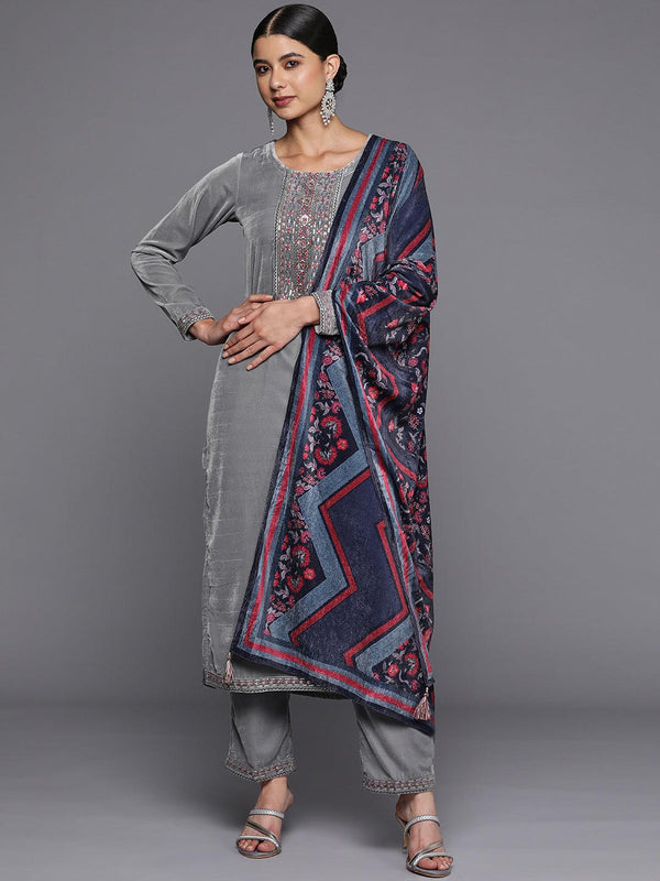 Grey Yoke Design Velvet Straight Kurta With Trousers & Dupatta