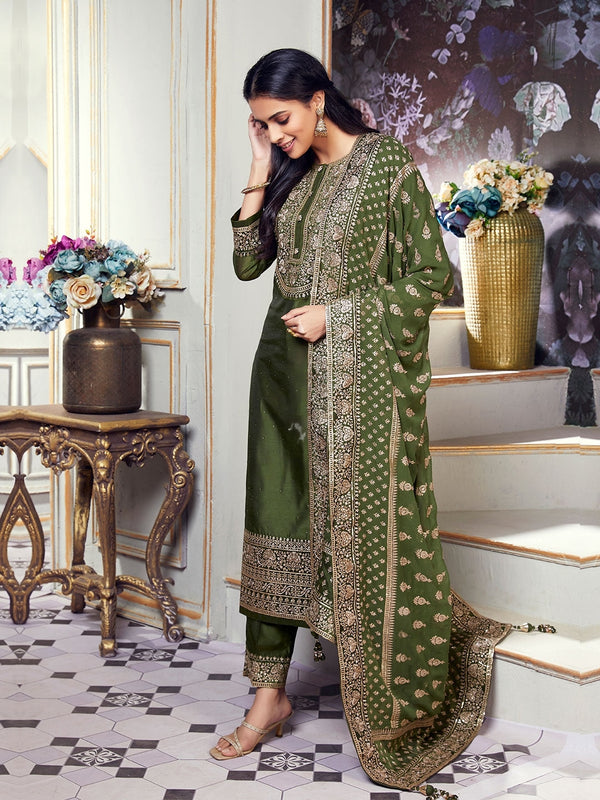 Women Georgette Ready to Wear Green Suit Embossed in Golden Work