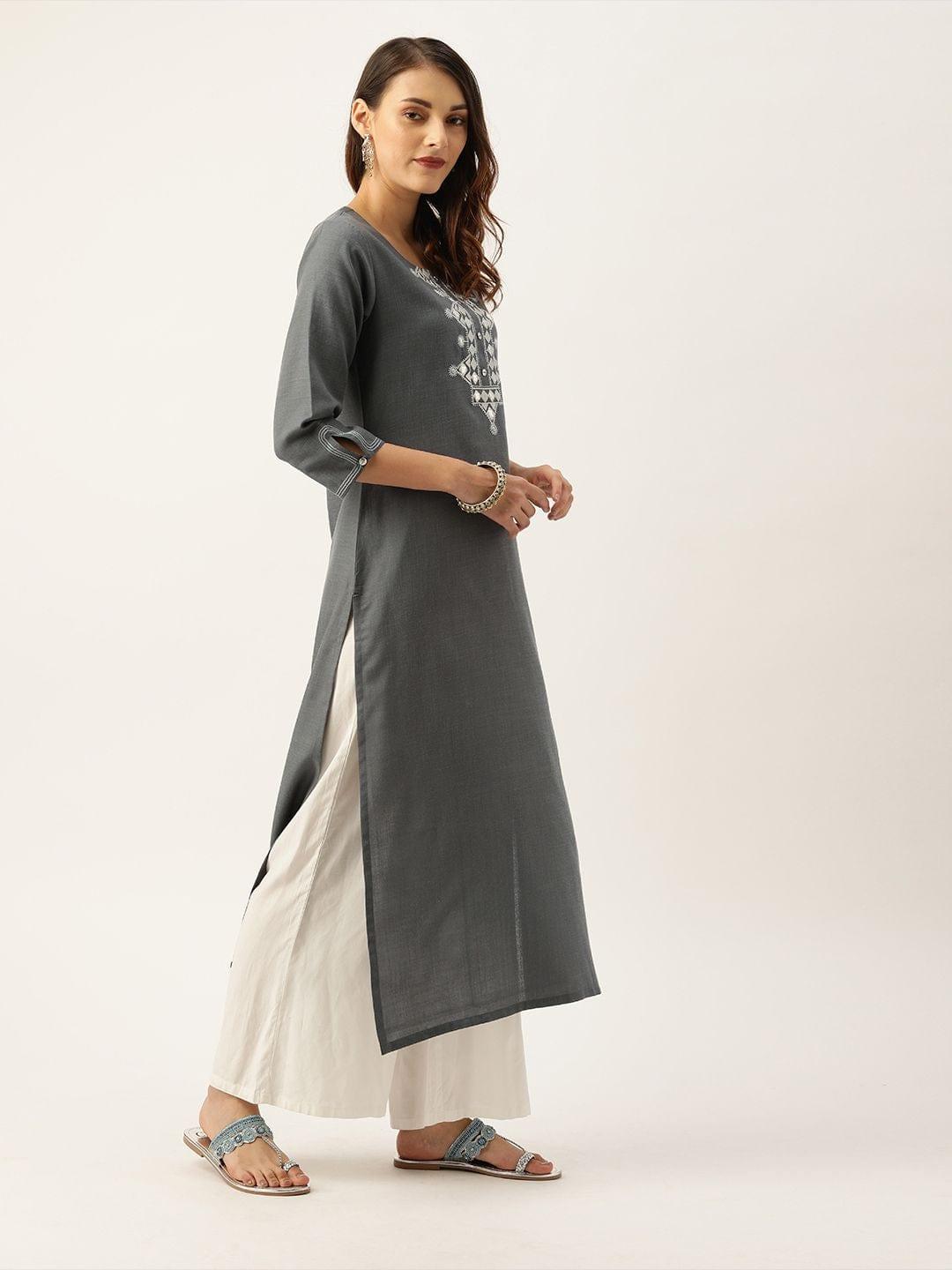 Women Grey Yoke Design Mirror Work Straight Kurta - Indiakreations