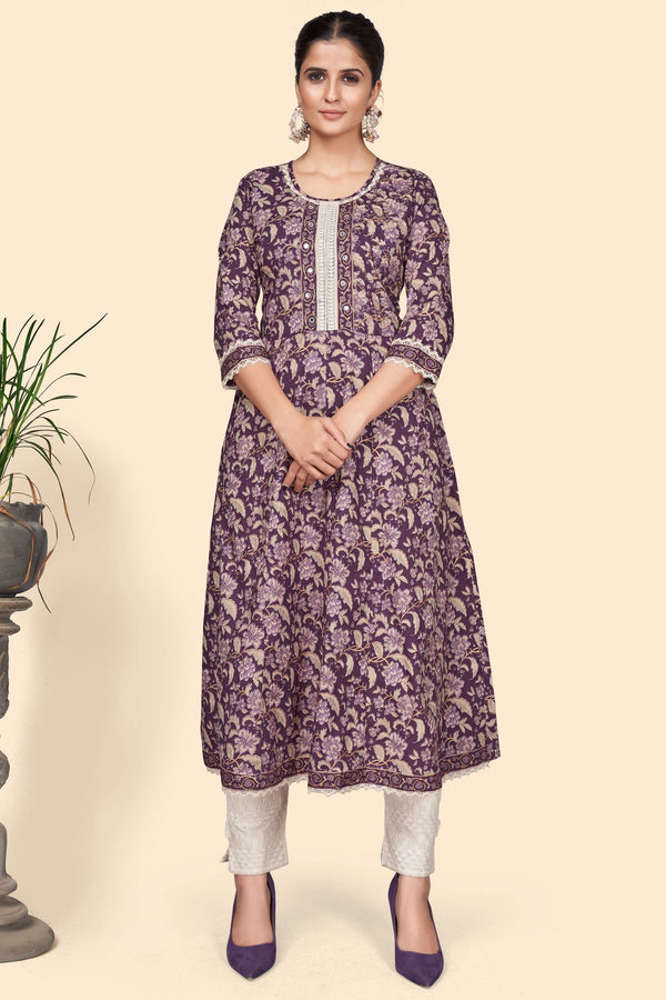 Women's Floral Print A-Line Cotton Purple Stitched Kurta - Vbuyz