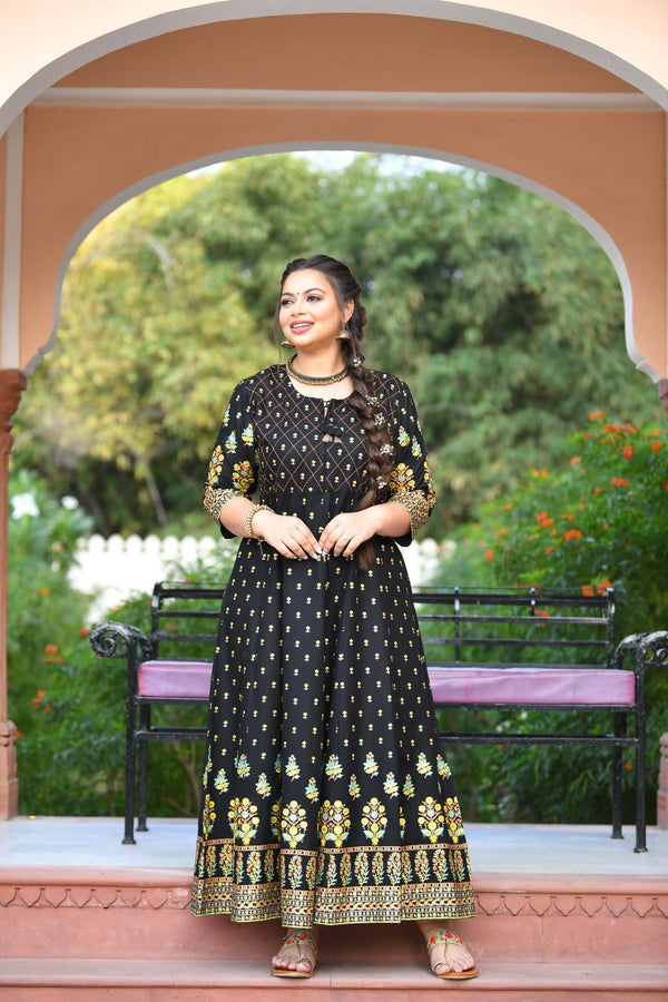 Women's Black Gold Printed Ethnic Kurta - KAAJH