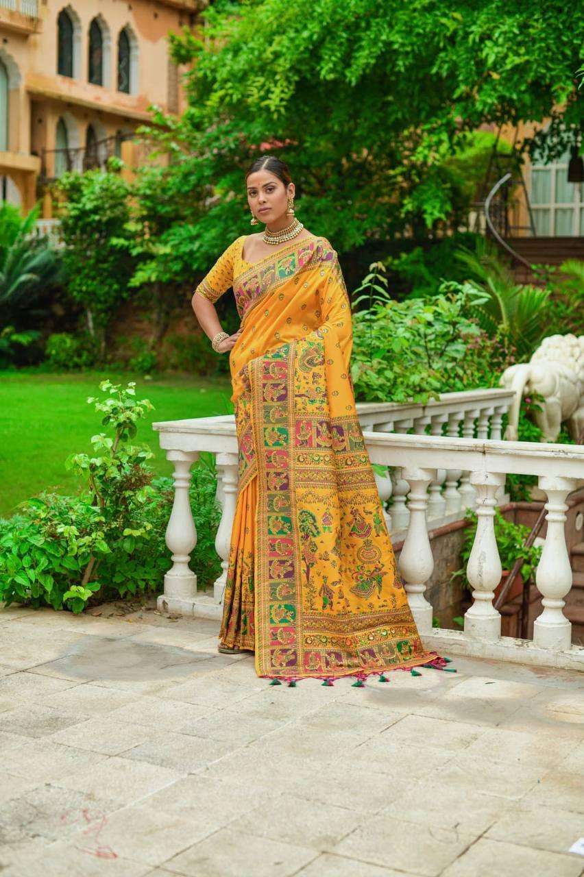 Honey Yellow Kashmiri Pashmina Silk Saree - Indiakreations