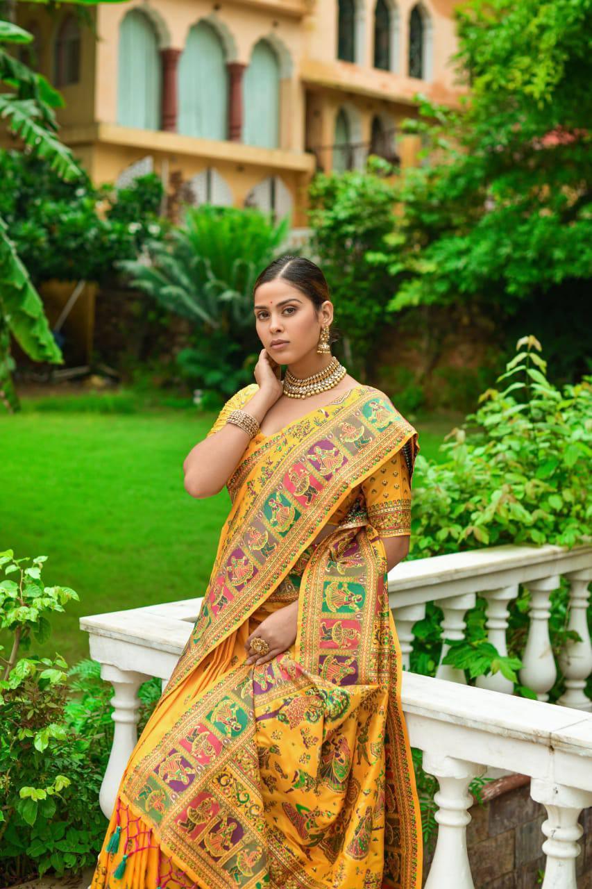 Honey Yellow Kashmiri Pashmina Silk Saree - Indiakreations