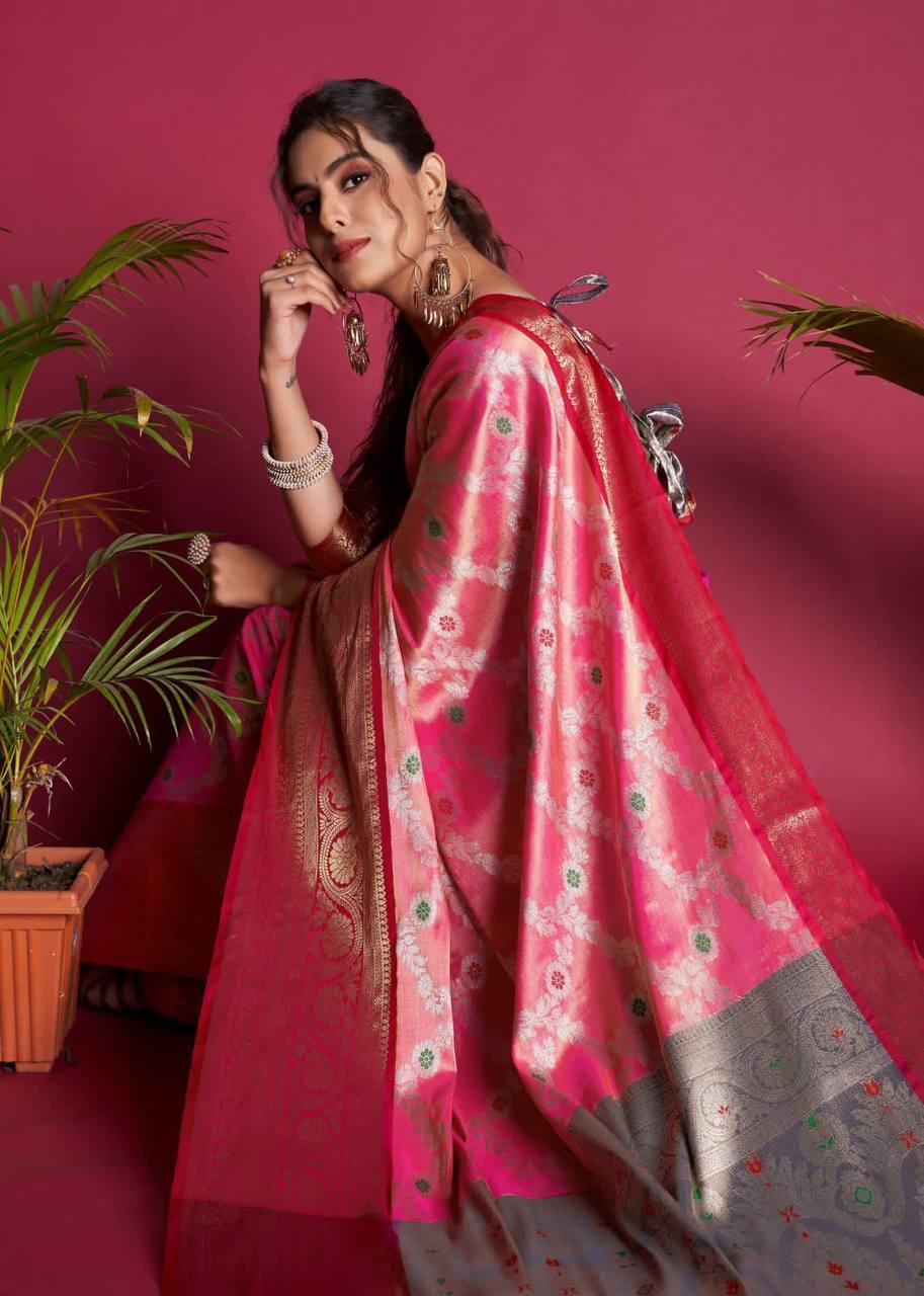 Hot Pink Kanjivaram Silk Saree - Indiakreations