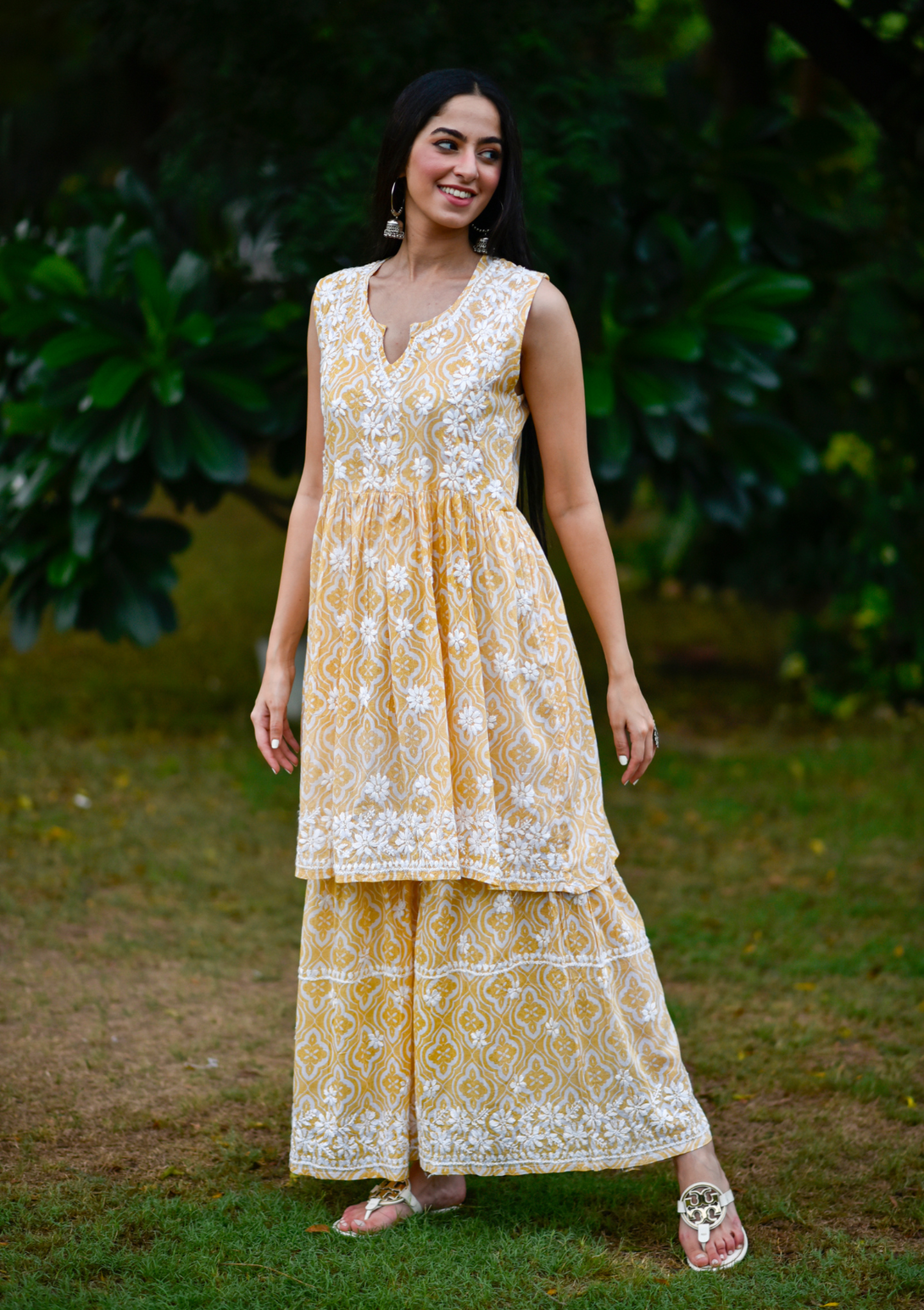 Adara Mulmul Sleeveless Gharara Set in Yellow Colour