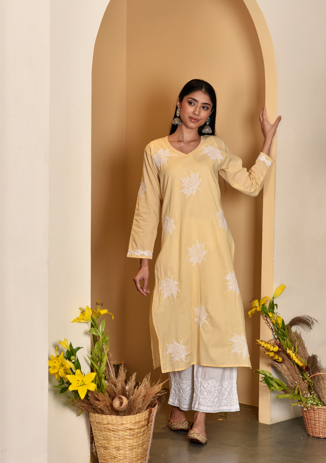 Adib Cotton Straight Kurta and chikankari embroidery on cotton fabric in beige colour.