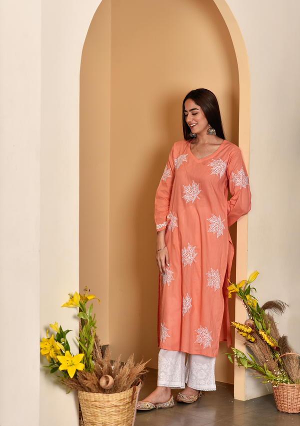 Adib Cotton Straight Kurta and chikankari embroidery on cotton fabric in orange colour.