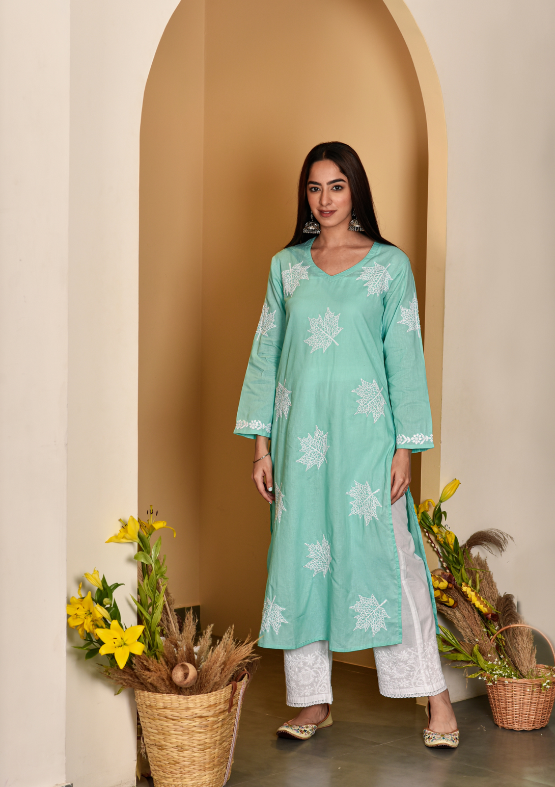 Adib Cotton Straight Kurta and chikankari embroidery on cotton fabric in sea green colour.