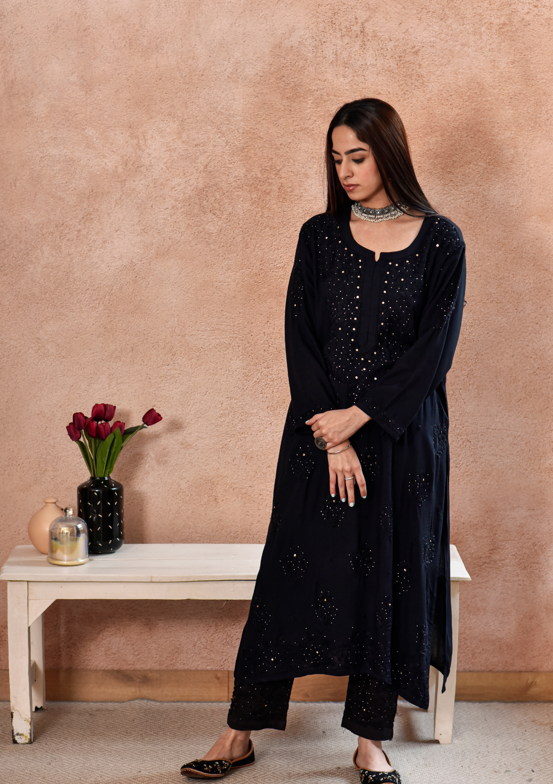 Afifa Rayon Kurta set on rayon fabric in black color.