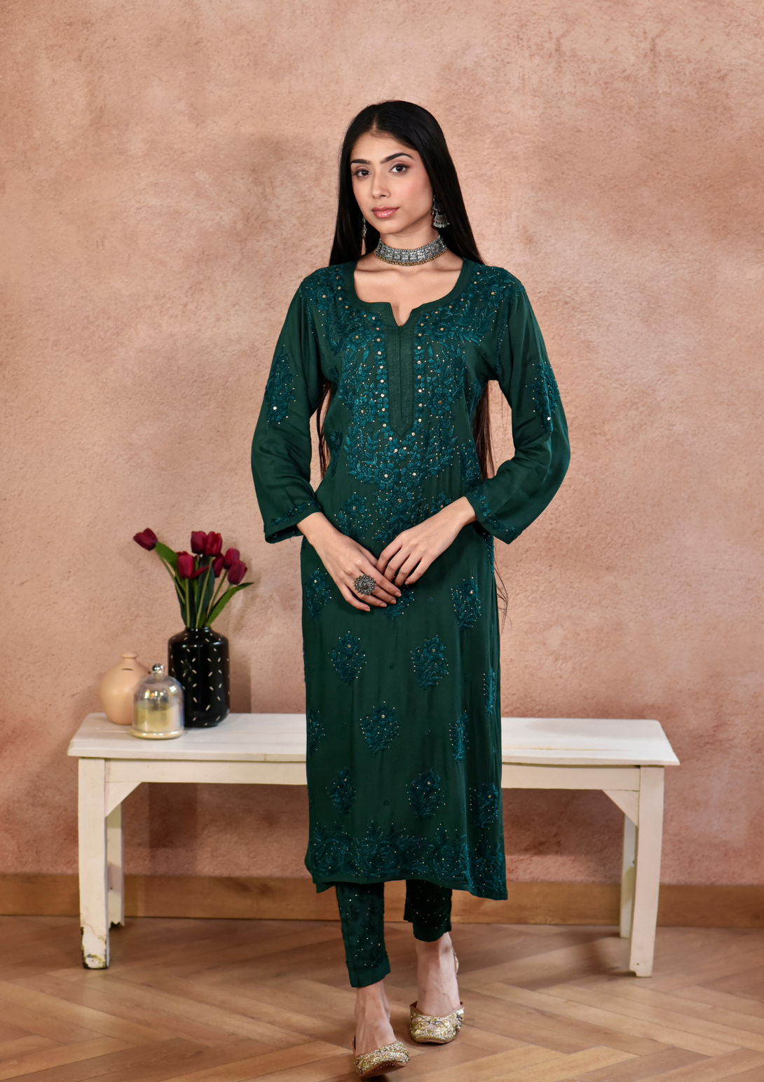 Afifa Rayon Kurta set on rayon fabric in green color.