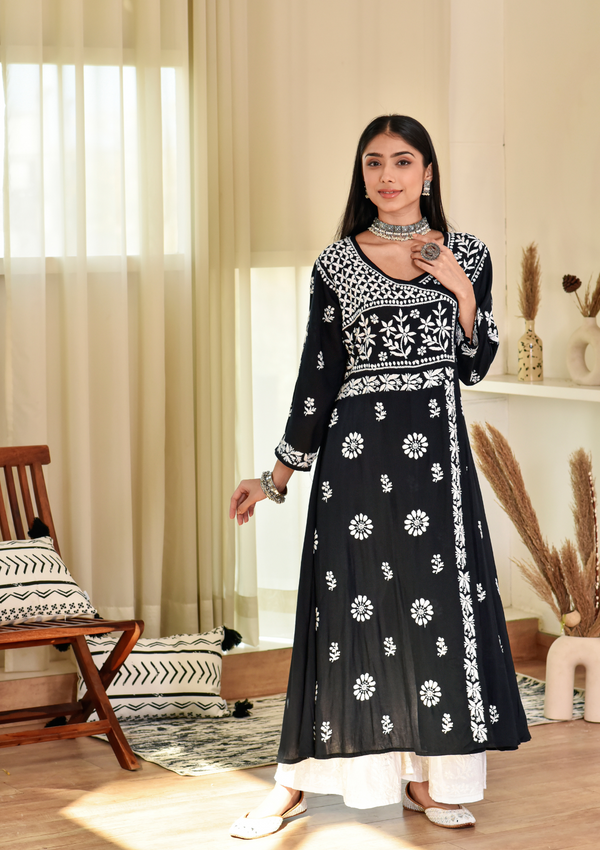 Afjah Modal angrakha and chikankari embroidery on Modal fabric in black color. 