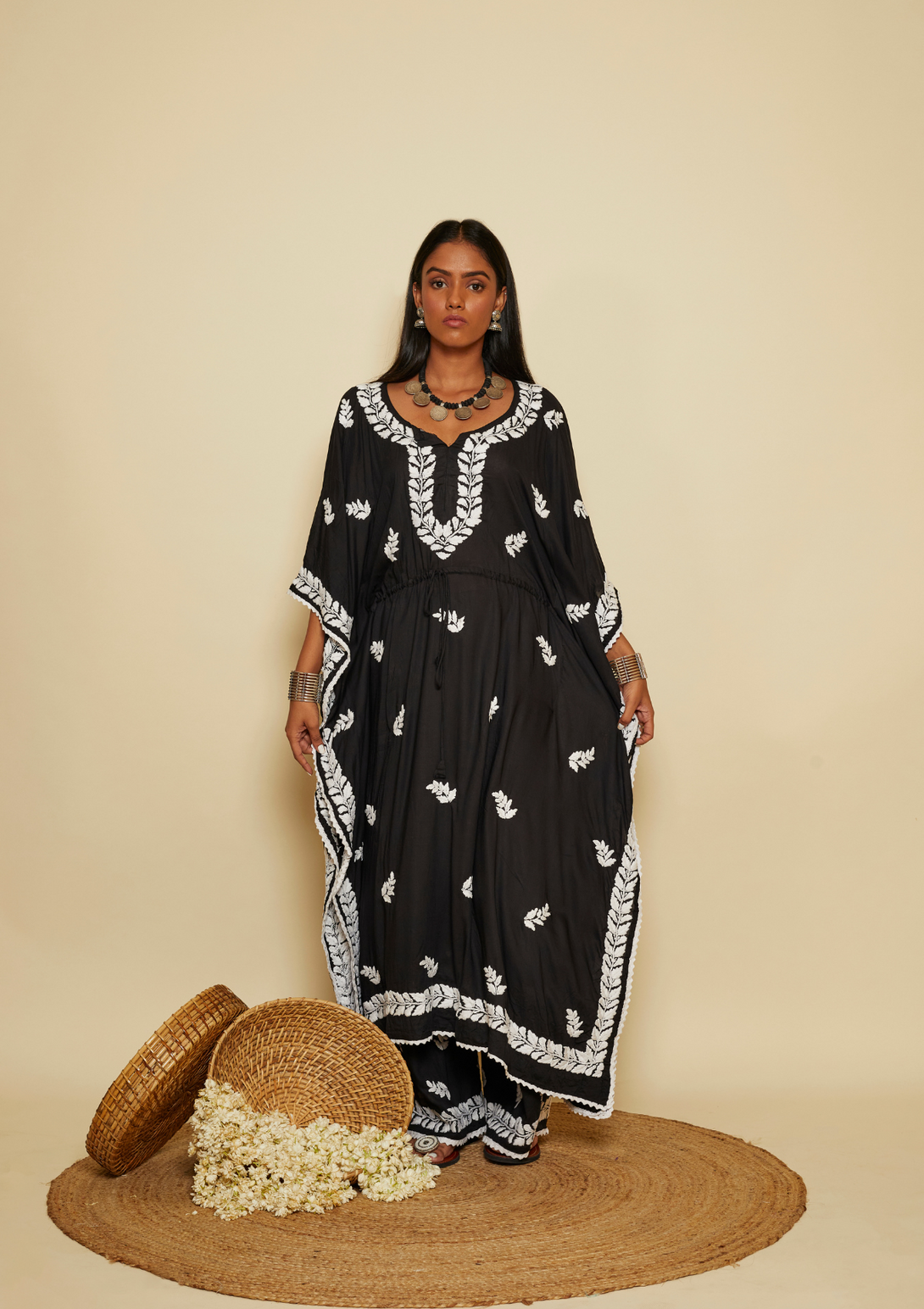 Afreen kaftan set with Chikankari embroidery and modal cotton in black colour