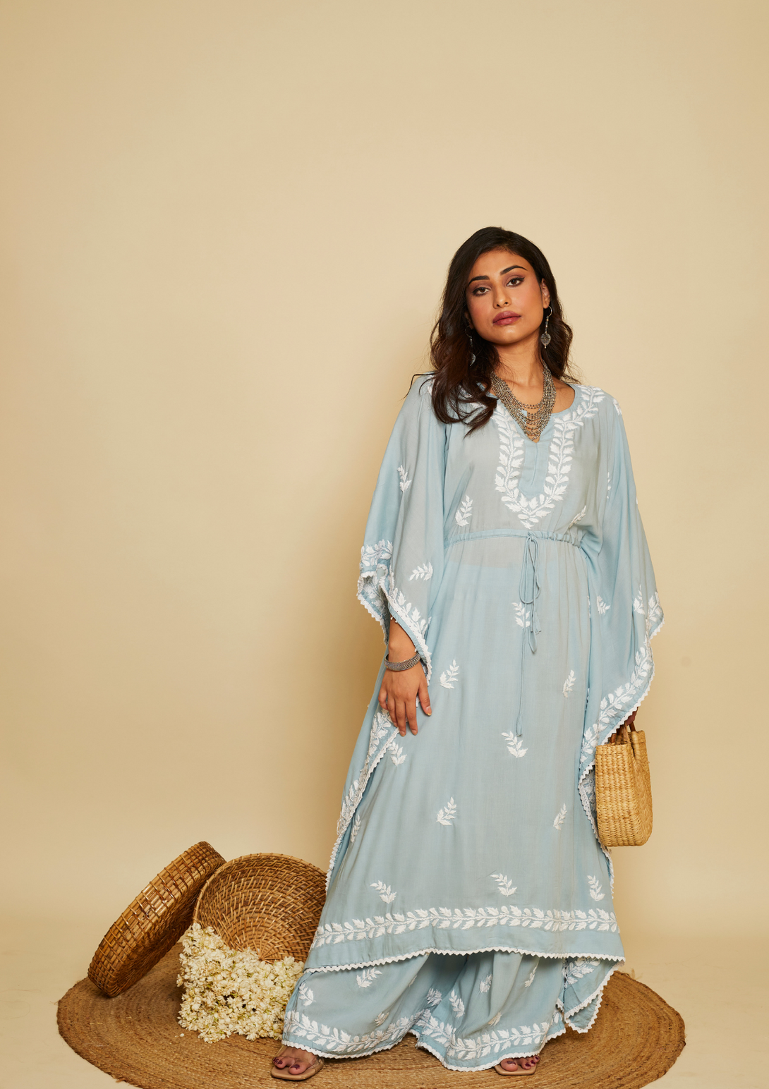 Afreen kaftan set with Chikankari embroidery and modal cotton in light sky blue colour