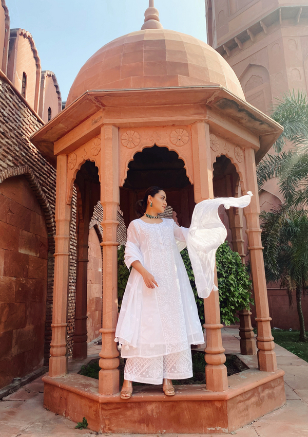 alizeh kurta with kota cotton and chikankari embroidery in white colour