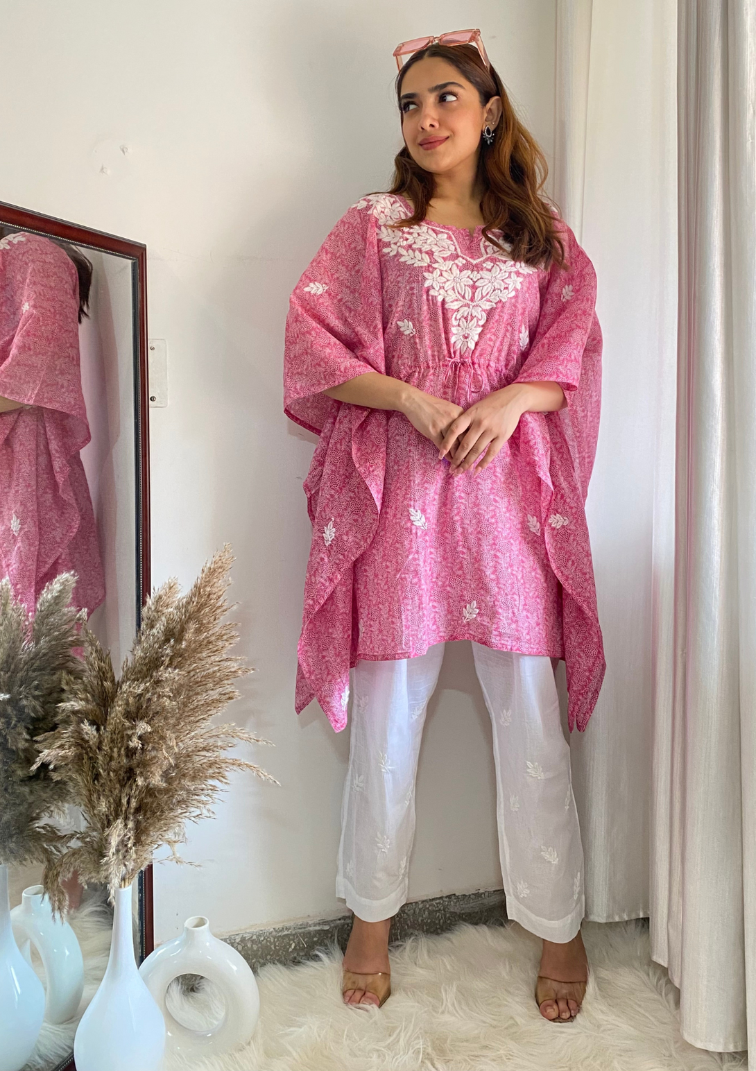 Amani kaftan set with chikankari embroidery and mulmul in pink colour