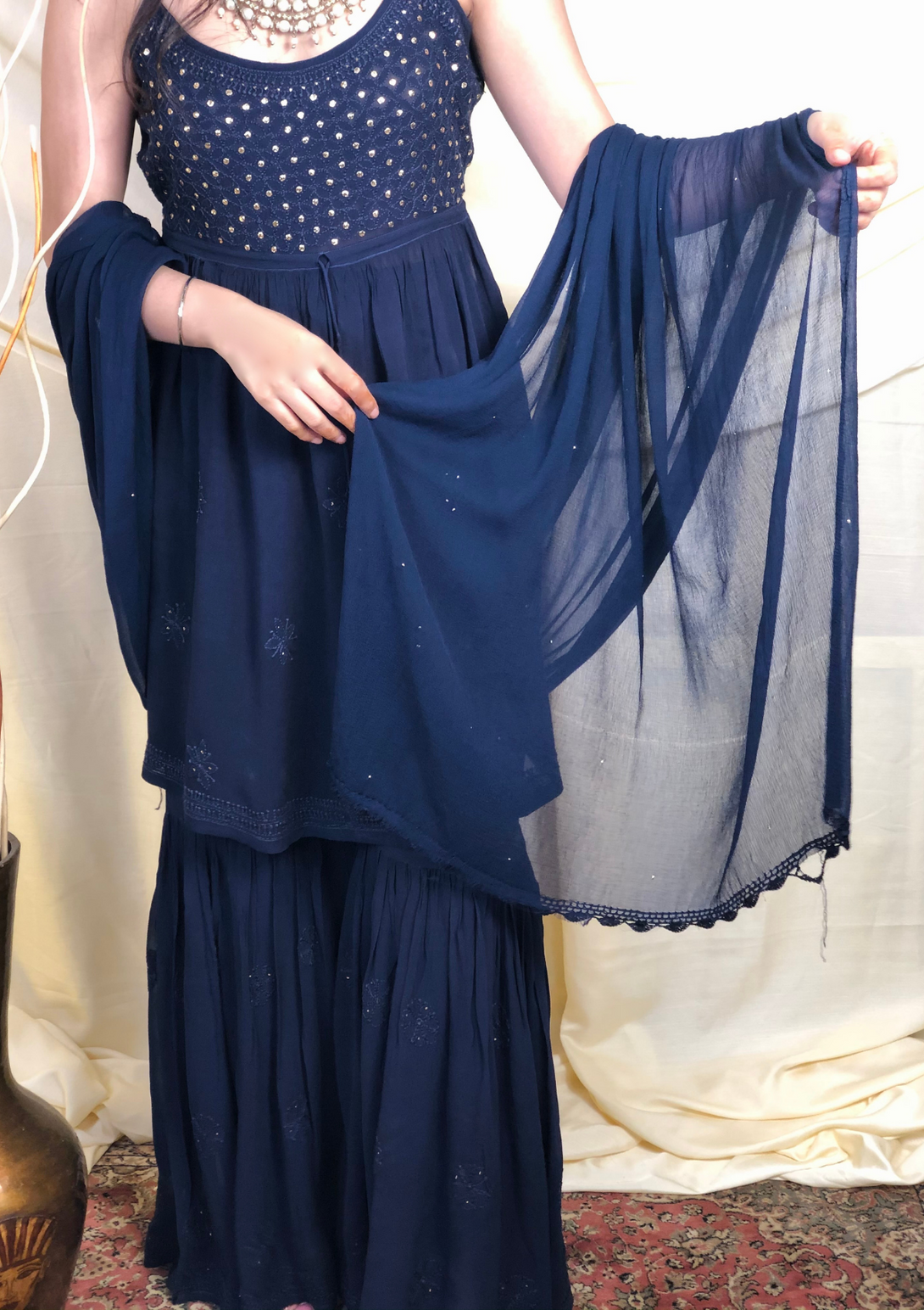 Bahar mukaish set with Chikankari embroidery and pure georgette in navy blue colour