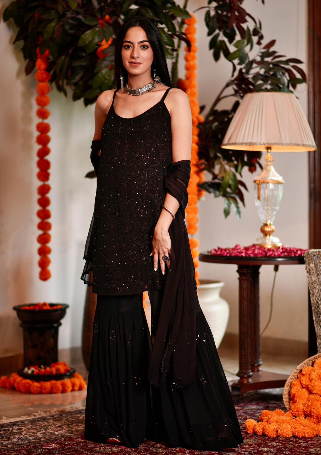 Dia Mukaish Set with Chikankari embroidery and pure georgette in black colour