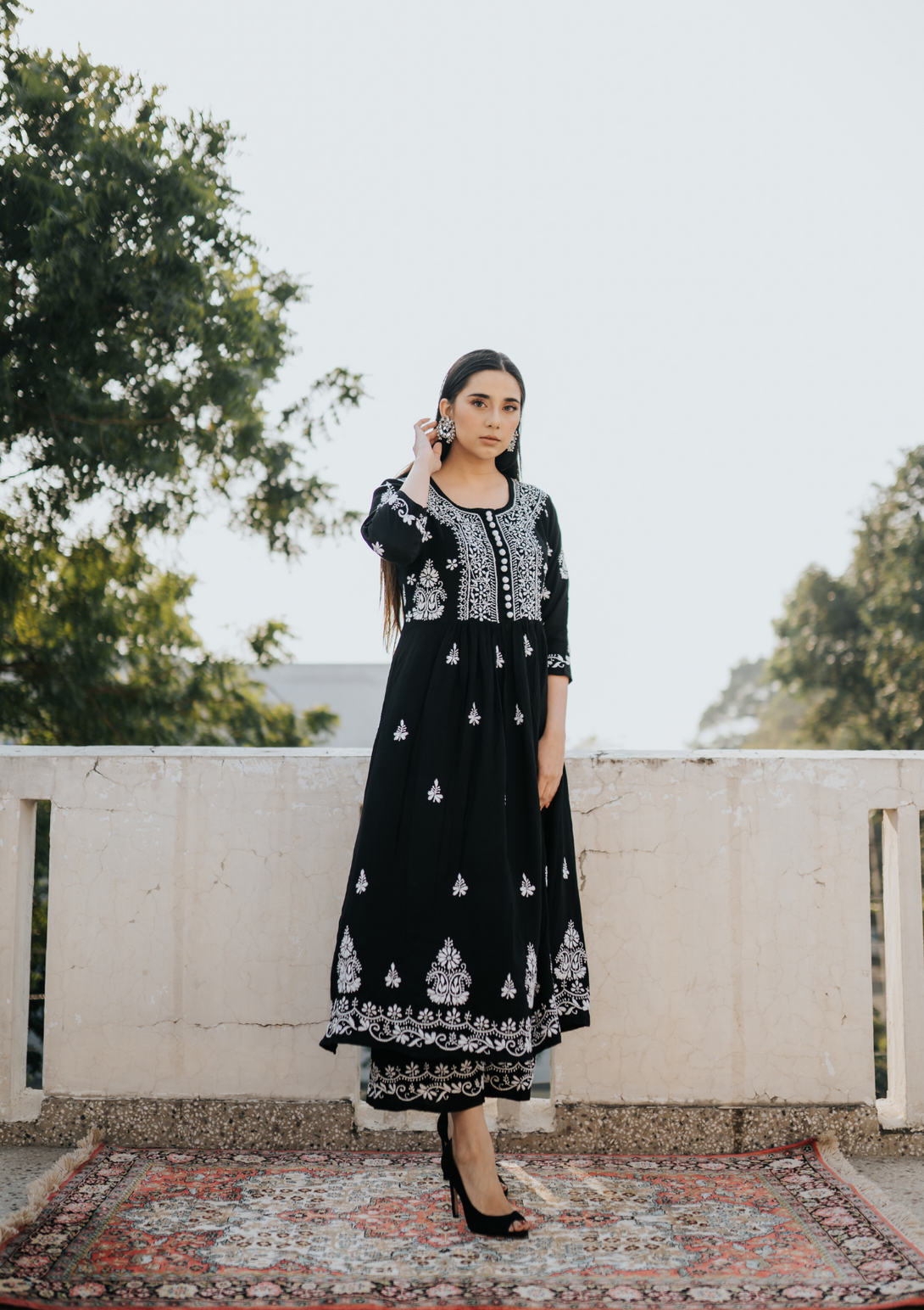 Gulnar Anarkali Set with Chikankari embroidery and Modal cotton in black and white colour