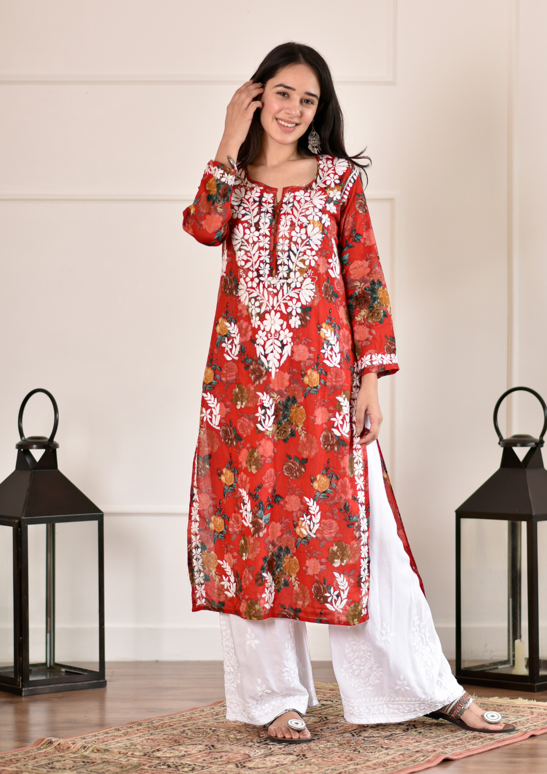 Nuha Straight Kurta Set with chikankari hand embroidery and mulmul fabric in red color.