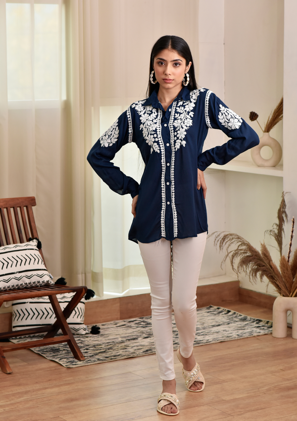 Yaseen Modal straight shirt and chikankari embroidery on modal fabric in blue colour.