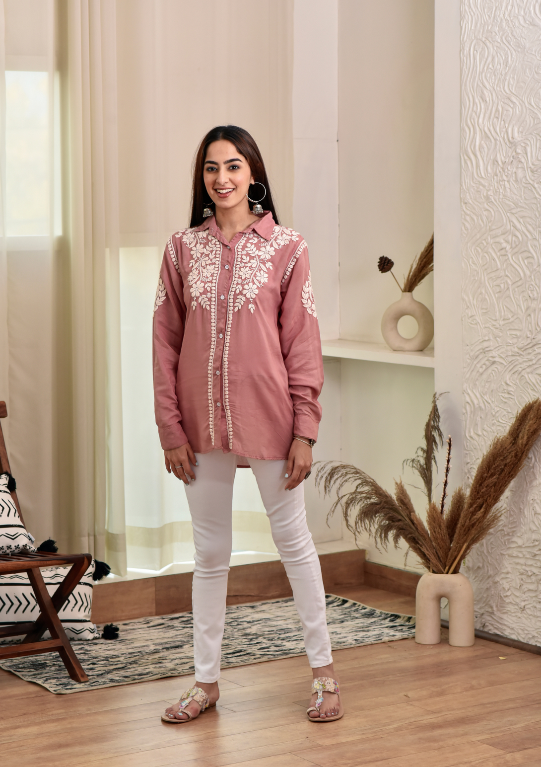 Yaseen Modal straight shirt and chikankari embroidery on modal fabric in pink colour.