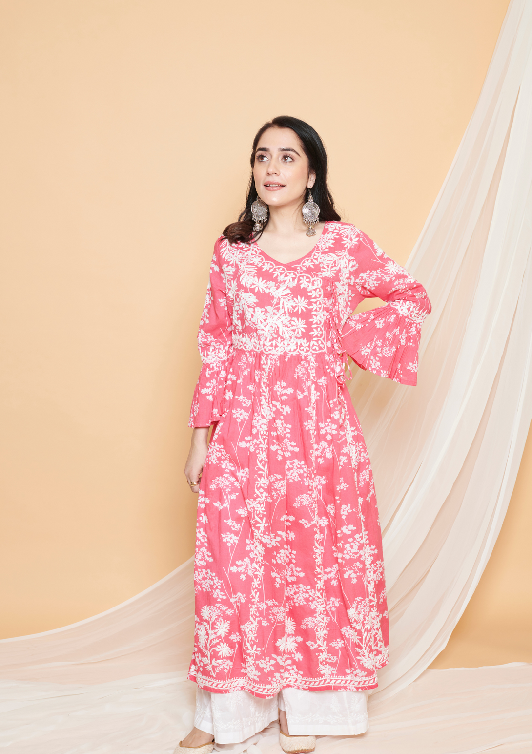 Zainab Angrakha with Chikankari embroidery and mulmul cotton in pink colour