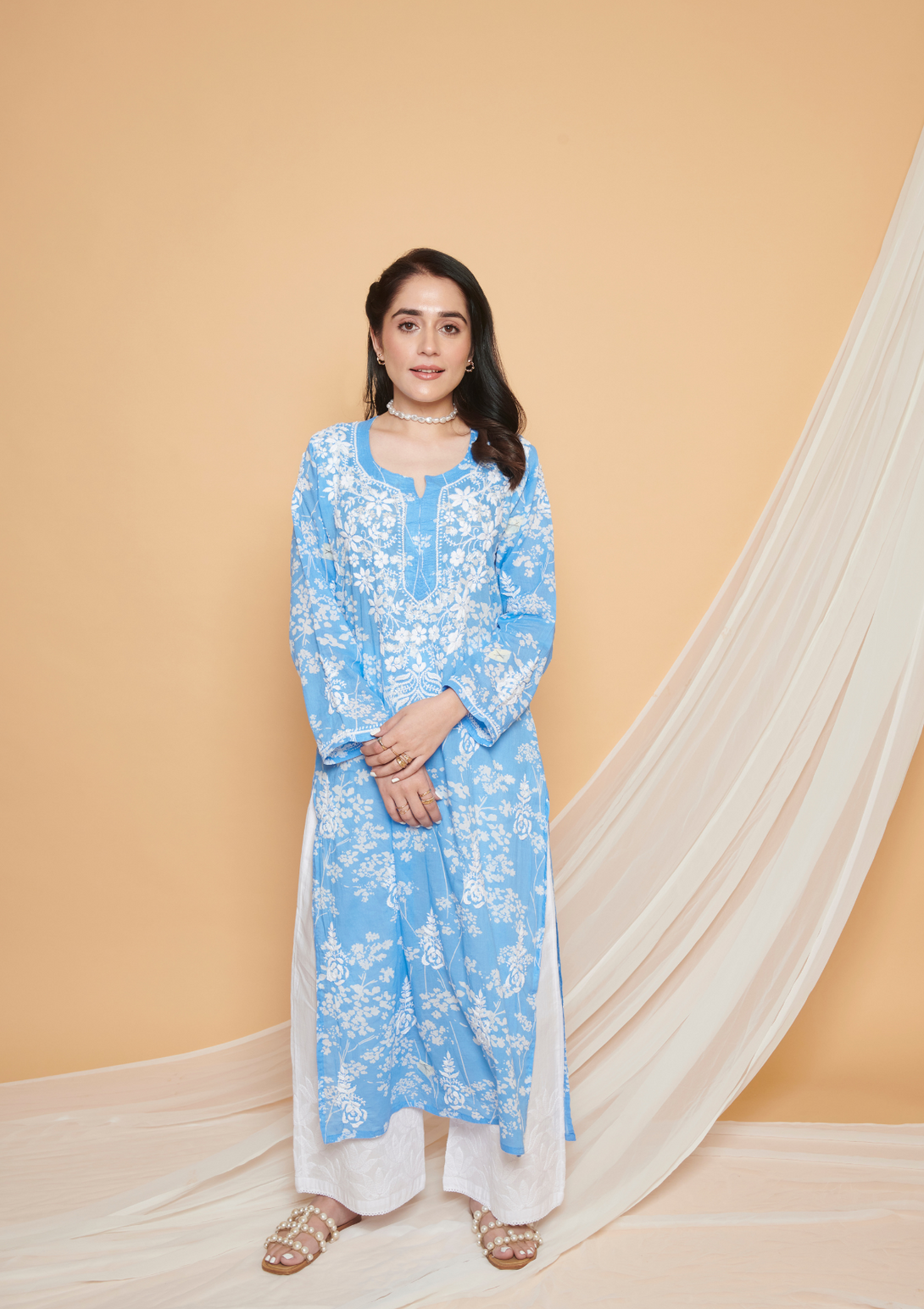 Zainab Mul printed kurta with Chikankari embroidery and mulmul cotton in dark blue colour