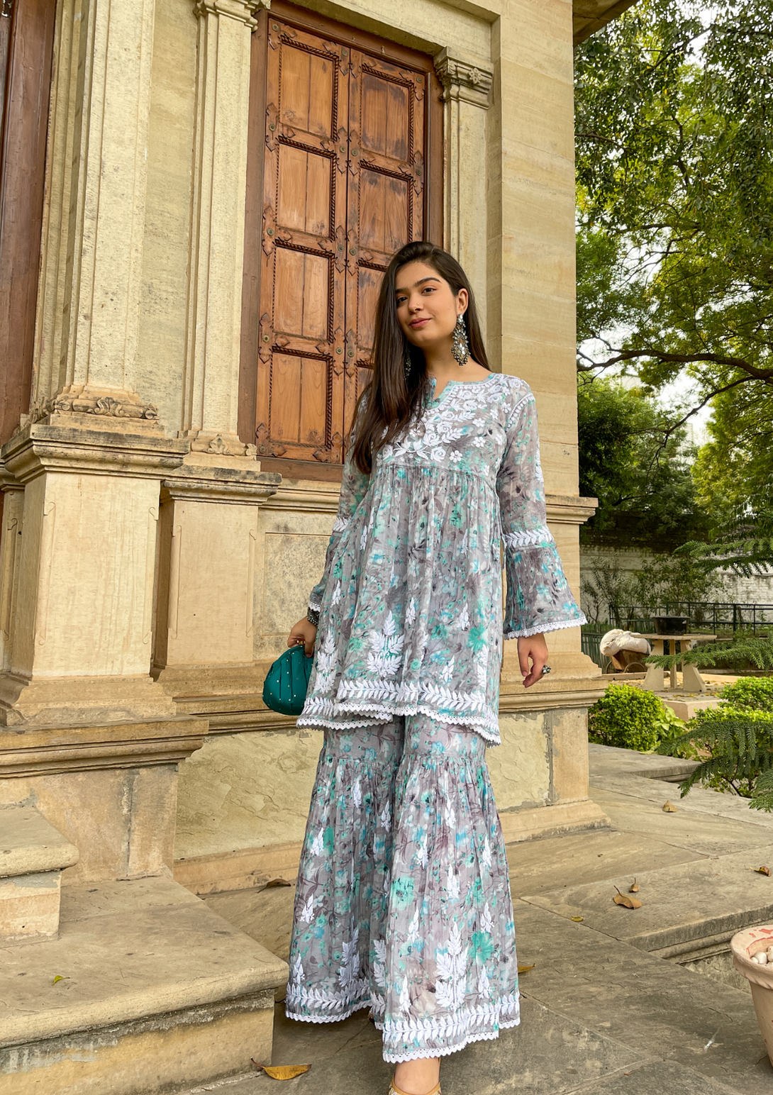 Zara Mulmul Gharara Set in Grey Blue