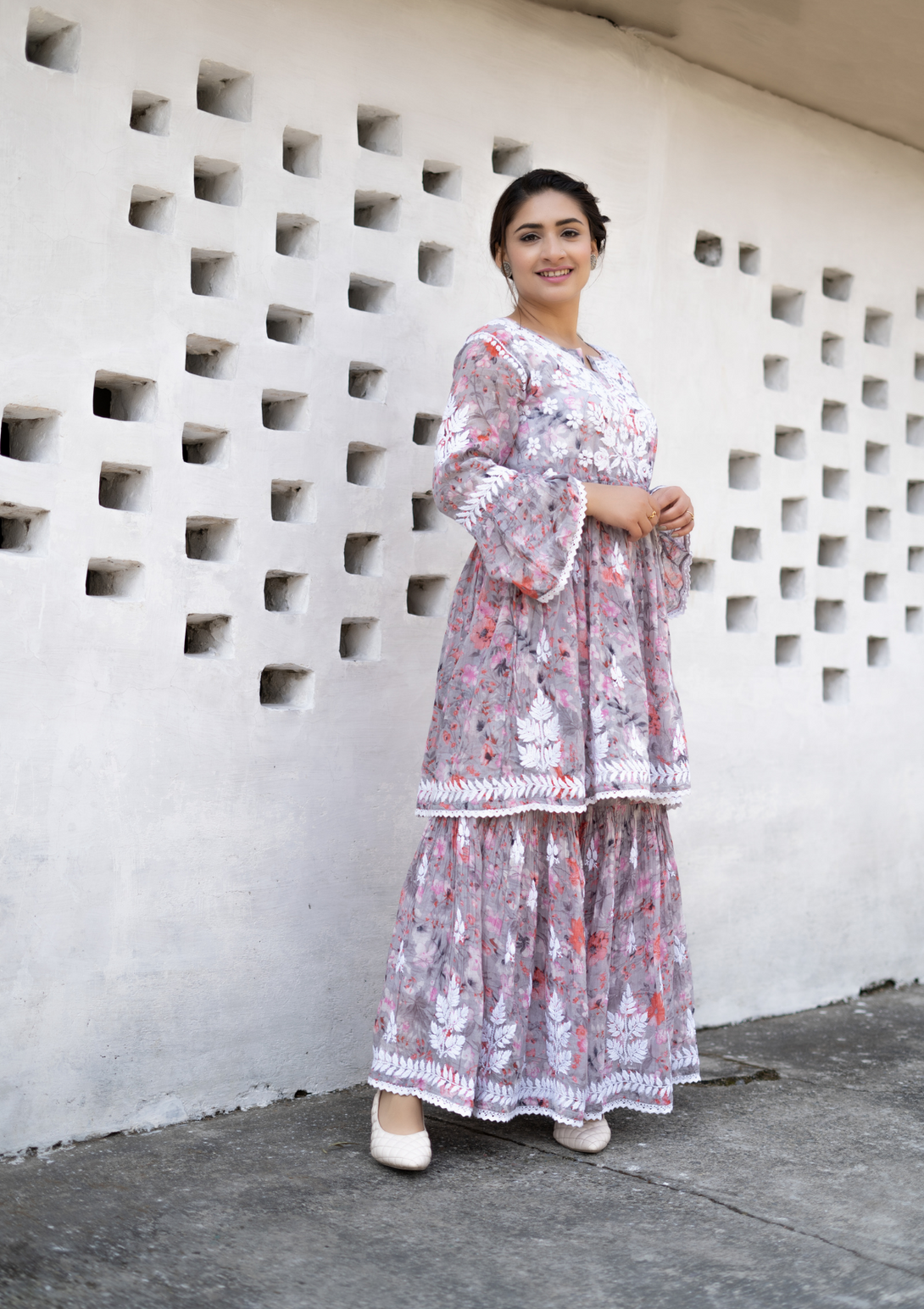 Zara Mulmul Gharara Set in Grey Red