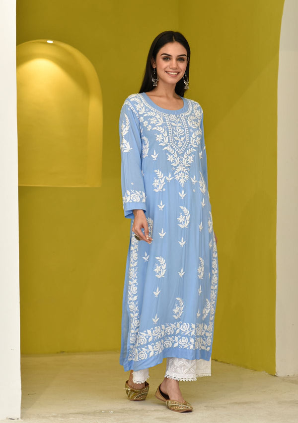 Zarinah Modal Straight kurta with chikankari hand embroidery and modal in powder blue color.