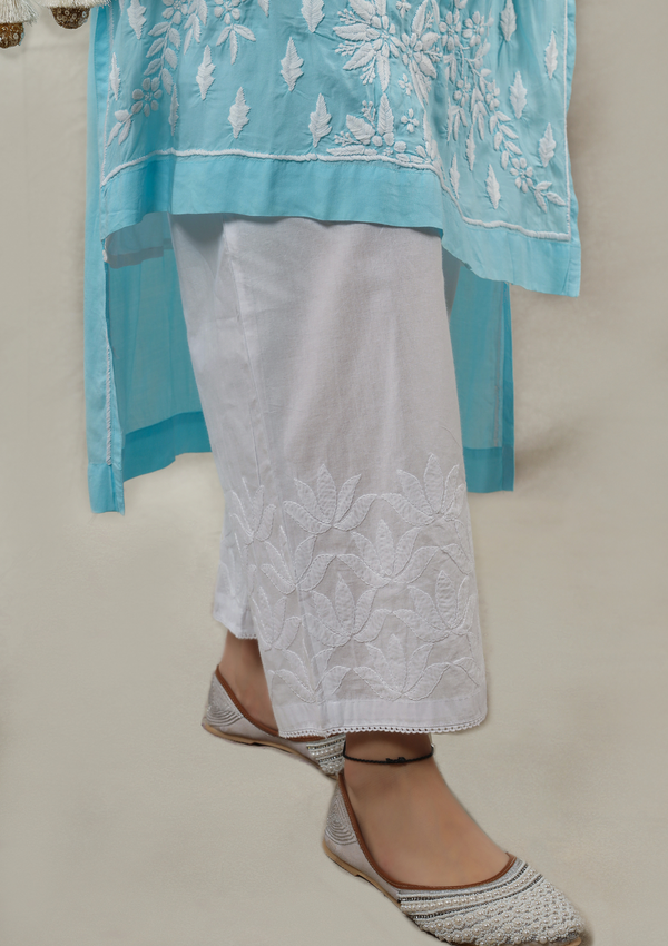 Zoya cotton palazzo with Chikankari embroidery and cotton in white colour