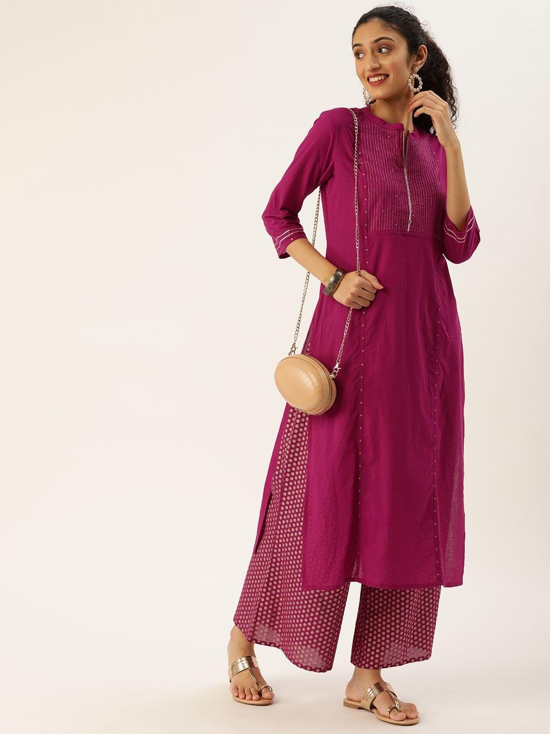 Women Magenta & White Printed Kurta With Palazzos - Indiakreations