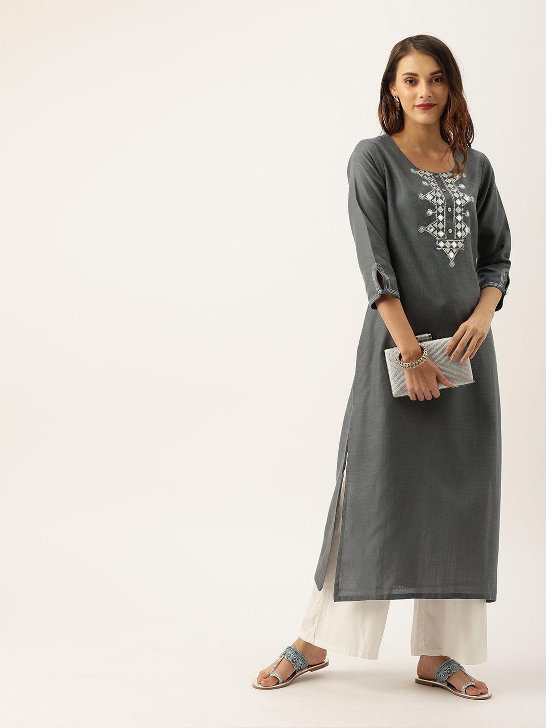 Women Grey Yoke Design Mirror Work Straight Kurta - Indiakreations